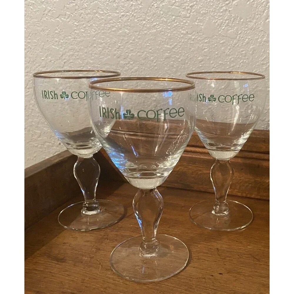 Vintage Irish Coffee Glasses Wine Goblets Style Shamrock Gold Rim Set Of 3